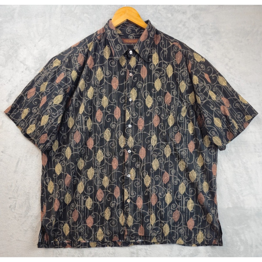 Tori Richard Hawaiian Shirt XXL Leafy Geometric Print Cotton Lawn Camp Coastal